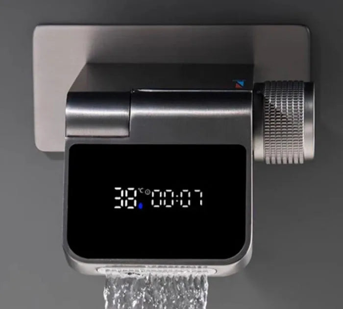 Brushed gold Wall-mounted water fall digital display faucet concealed embedded wall cold and hot wash basin embedded faucet